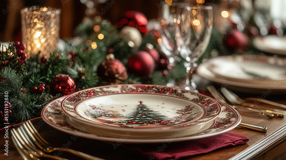 Fototapeta premium Christmas themed ceramic plates with festive tree design on elegant table setting