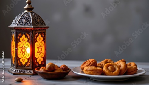 Traditional Lantern with Baked Goods on Table in Soft Lighting