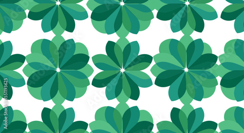 Seamless green flower pattern with overlapping translucent petals on white backdrop