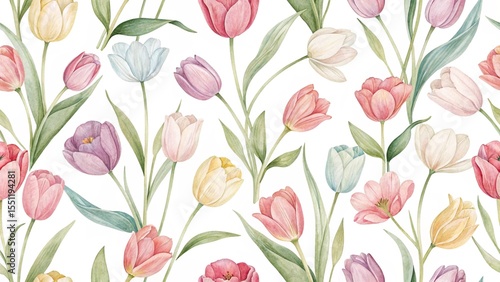 Watercolor Tulip Pattern with Pastel Colors on a White Background
