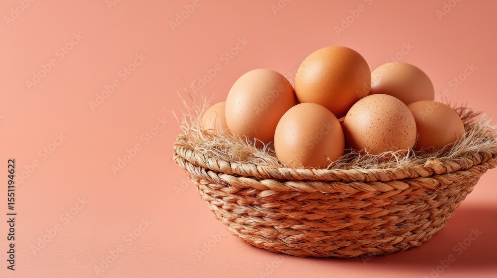 Fresh Brown Eggs in a Rustic Woven Basket on Coral Background Perfect for Easter breakfast or cooking recipes Fresh Brown Eggs in a Rustic Woven Basket on Coral Background Perfect for Easter breakfast or cooking recipes