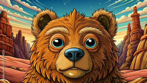 Funny bear in amazing landscape cartoon vector background