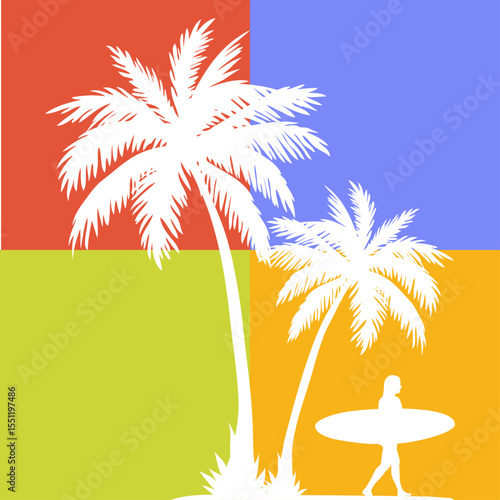 Logo club de surf. Silueta de mujer andando con tabla de surf y la palma sobre cuadros de varios colores