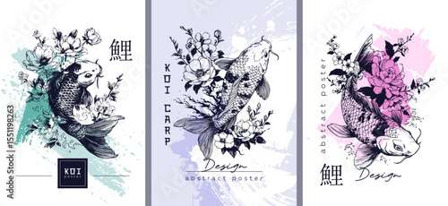 Abstract art compositions with Asian koi carp and bright black and bright colors elements in the design. Collection of aesthetic posters