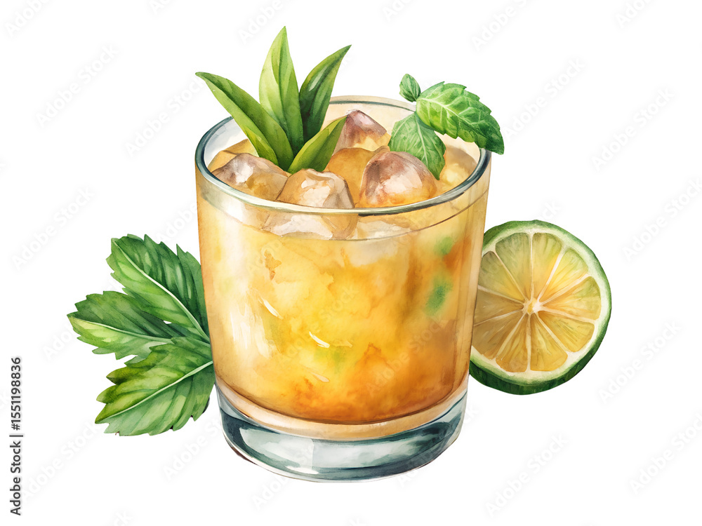 Fototapeta premium Watercolor Illustration of a Refreshing Yellow Cocktail with Ice, Mint, and Lime on Transparent Background, Watercolor Illustration on Transparent Background