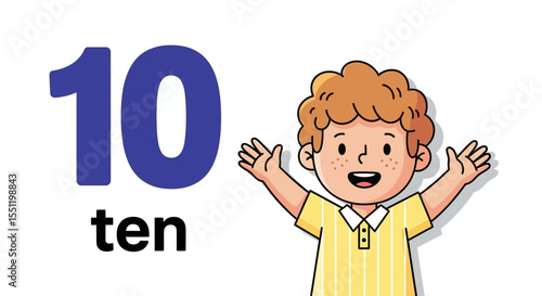Cartoon Boy with Number Ten, Showing Ten,  Smiling,  Animated,  Educational Illustration