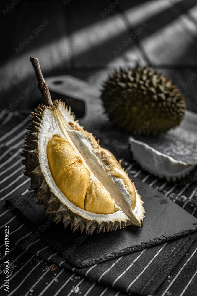 Fototapeta premium Fresh Durian Fruit Opened Showing Yellow Flesh Close-up.