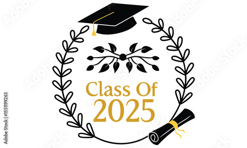 Class of 2025 graduation emblem featuring a black mortarboard cap diploma scroll and laurel wreath with golden text