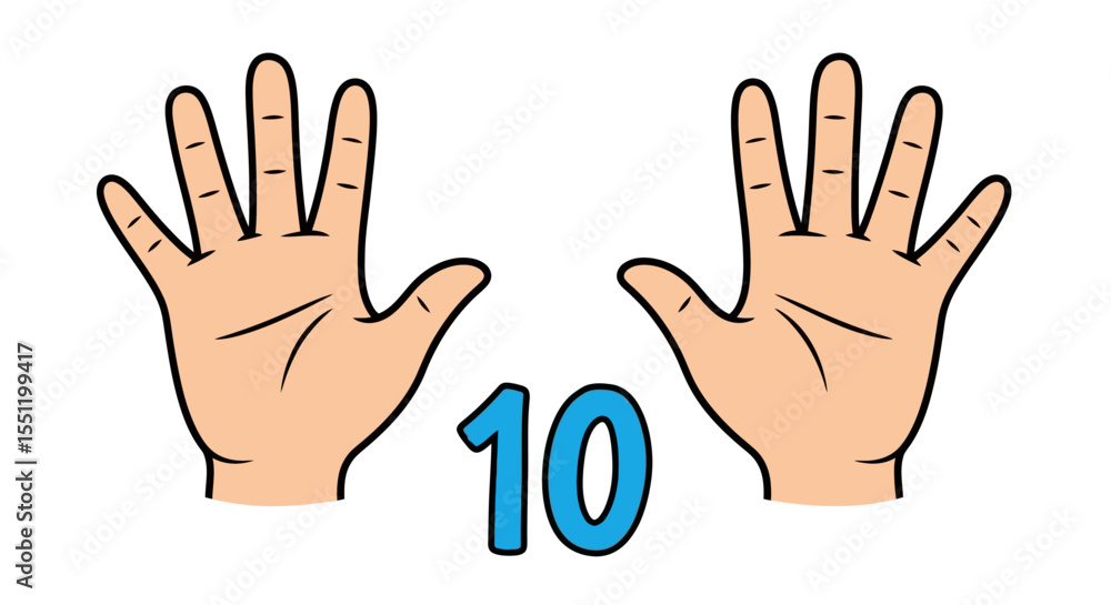 Cartoon Illustration of Two Hands Displaying the Number Ten, Peach-Colored Skin, Black Outlines Cartoon Illustration of Two Hands Displaying the Number Ten, Peach-Colored Skin, Black Outlines