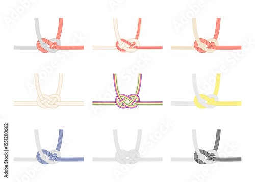 水引き 金赤 黒白 黄白 青白 5色の三種セットのイラスト
