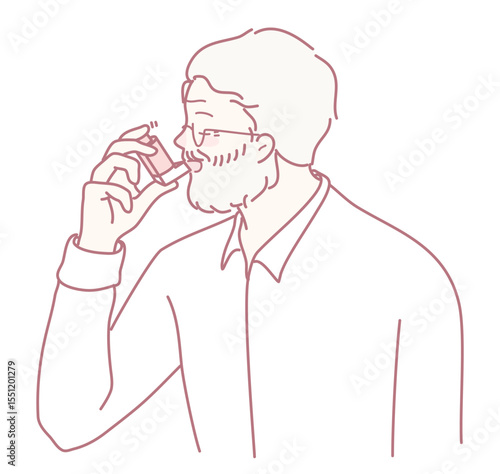 This illustration shows a man effectively using an inhaler to help manage and alleviate his asthma symptoms