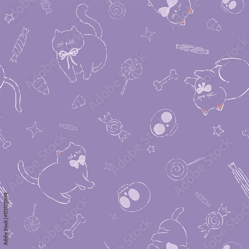 Vector Whimsical Playful Cats and Halloween Decorations seamless pattern