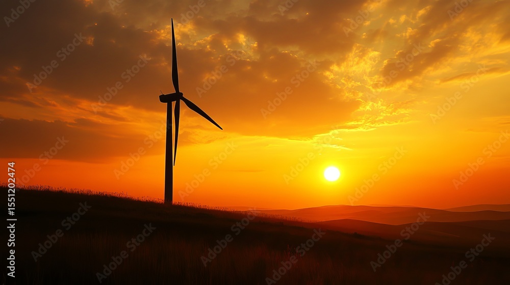 Obraz premium A solitary wind turbine stands silhouetted against a vibrant sunset over rolling hills, showcasing renewable energy potential