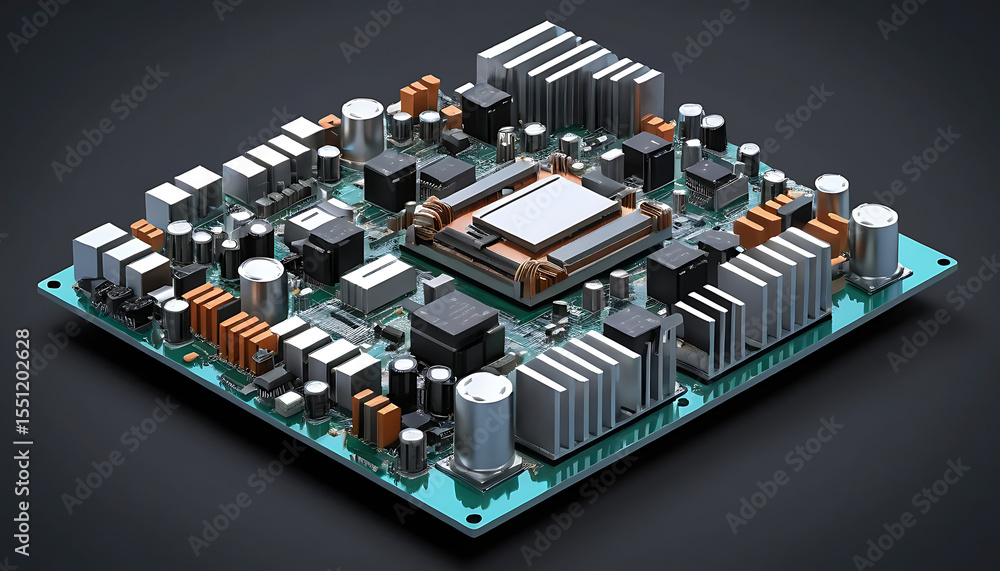 Isometric View of a Complex Computer Motherboard with CPU and Components Isometric View of a Complex Computer Motherboard with CPU and Components