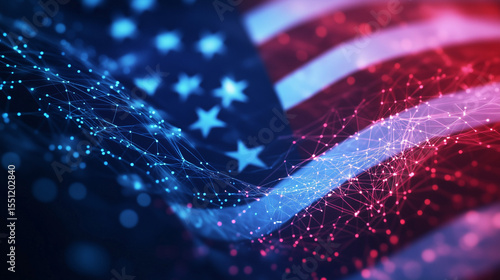 The US flag with a glowing digital network. It symbolizes technology, innovation, and the digital future of the United States. A backdrop for topics such as cybersecurity, artificial intelligence.