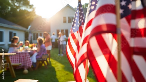 Happy 4th of July Family Barbecue with American Flags in Foreground 2026