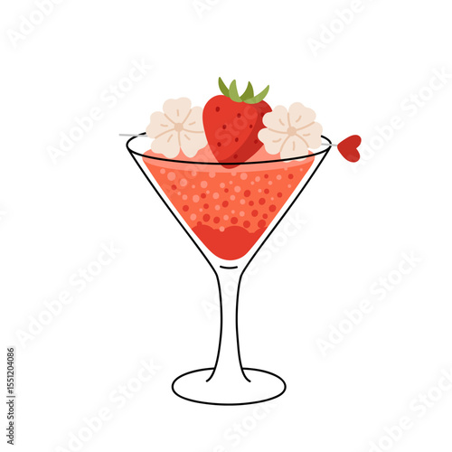 Strawberry cocktail decorated flowers and berry. Summer party drink. Refreshing beverage in stemmed glass. Flat vector illustration isolated on white background