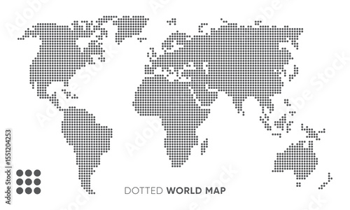 Dotted world map. Gray vector illustration. World map isolated on white background. Suitable for backgrounds, logistics, reports, travel and infographics. Vector illustration