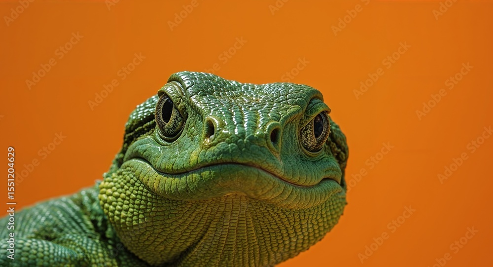 Fototapeta premium Emerald Gaze. A closeup portrait of a vibrant green lizard against an orange backdrop.