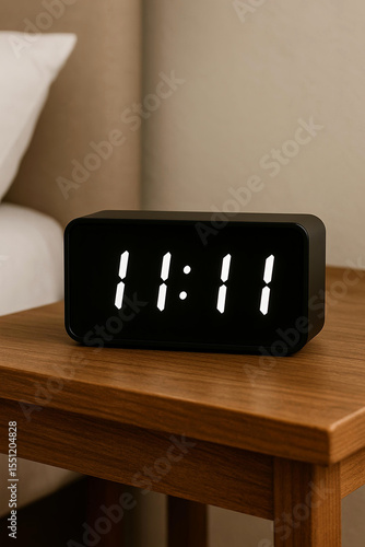 Digital Alarm Clock Displaying 11:11 on Wooden Side Table
