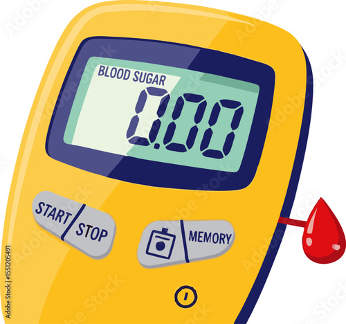 Yellow blood glucose meter with digital display showing zero and a blood drop