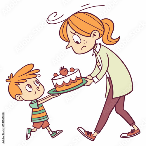 Charming cartoon of a child offering cake to a weary mother filled with playful moments