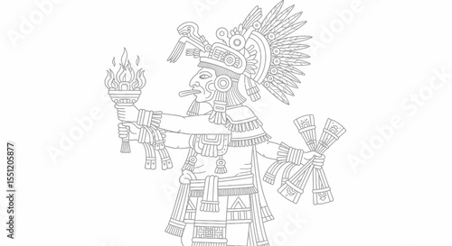 Detailed Aztec Priest Holding Torch and Ritual Objects, Line Art