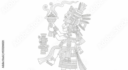 Detailed Mayan Figure Holding Offering Bowl with Smoke, Line Art