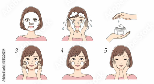 Five-Step Skincare Routine Illustration: Woman Applying Sheet Mask, Cleansing, Moisturizing, and Toning