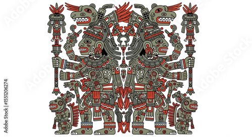 Symmetrical Aztec Deity Illustration with Multiple Arms, Red and Gray Colors