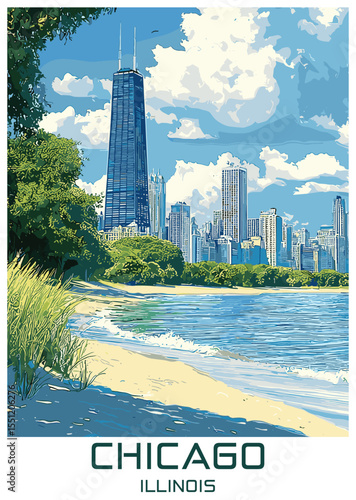 Chicago Skyline Vector Illustration: Beachfront View of City Buildings