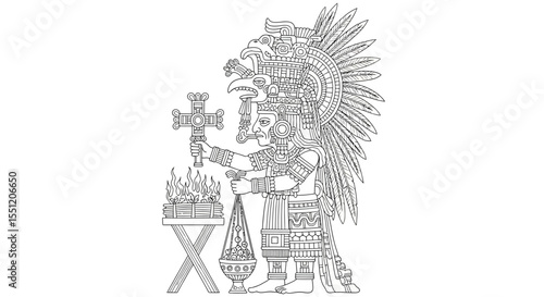 Ornate Aztec Priest Figure Holding a Cross and Offering Incense