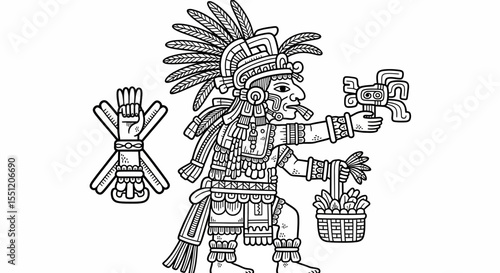 Ornate Mayan Deity Figure with Plumed Headdress and Offering Basket
