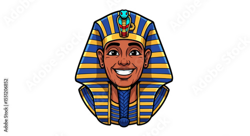 Smiling Cartoon Pharaoh Bust, Blue and Gold Nemes Headdress, Cobra Crown