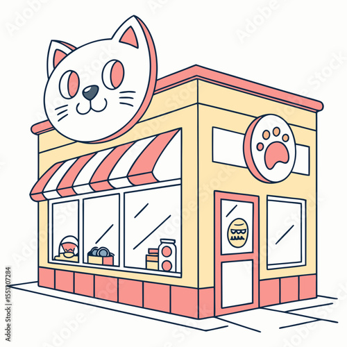 Playful pet store facade with oversized cat head and cheerful color palette
