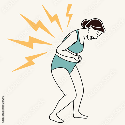 Illustrative portrayal of a woman experiencing severe lower back and abdominal discomfort