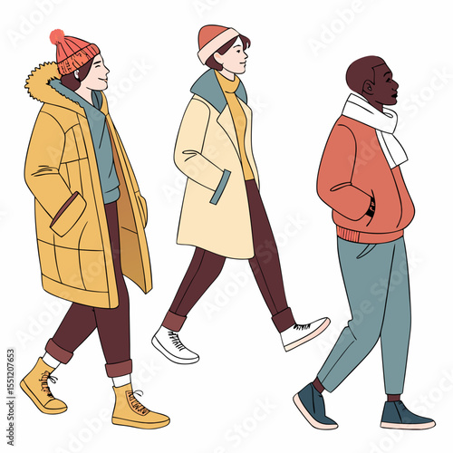 Diverse individuals stroll in cool weather, exuding comfort and casual style