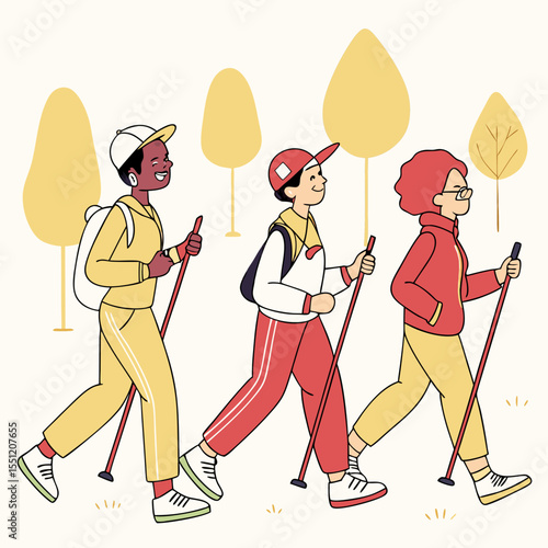 Diverse group engaging in outdoor nordic walking exercise in a stylized setting