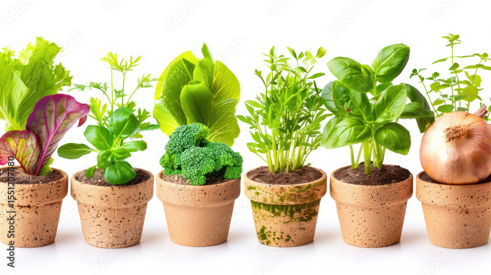 Obraz premium Potted Herbs and Vegetables Displayed in Clay Pots on White Background