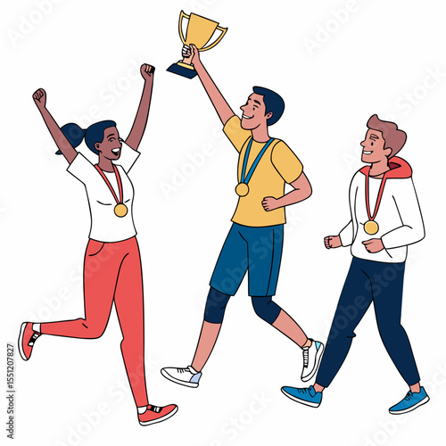 Victorious athletes celebrate championship win with gold trophy and medals