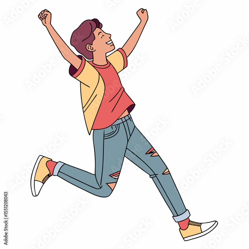 Animated young man expressing pure joy and triumph through upward reaching pose