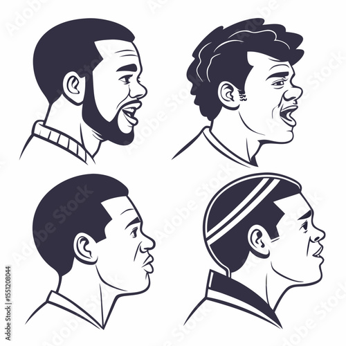 Diverse expressions portrait of four men with various cultural backgrounds vector