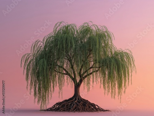 Majestic Weeping Willow Tree Against a Dreamy Sunset Backdrop, A Serene Nature Scene.