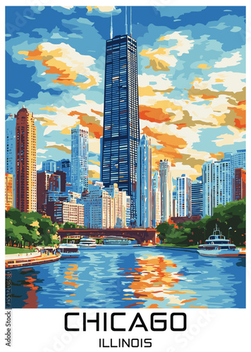 Chicago Skyline Vector Illustration with River Reflection