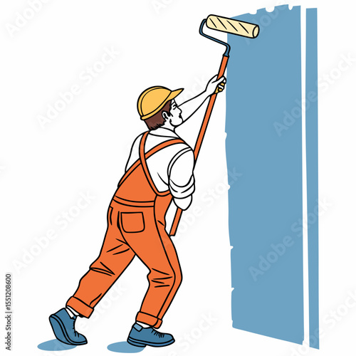Illustration of a focused worker painting a blue wall with paint roller