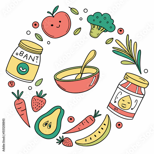 Delightful hand-drawn vegetarian food arrangement forming a whimsical circle design