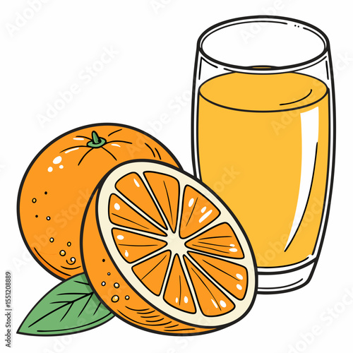 Vibrant Citrus Illustration: Depicting Fresh Oranges and Refreshing Juice Beverage