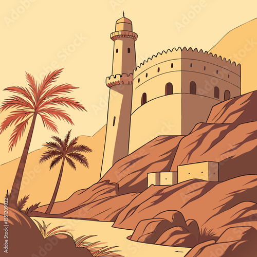 Historical Middle Eastern architecture perched upon a mountainous desert landscape