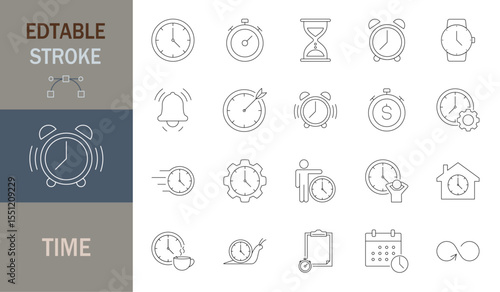 
Time icon set. Thin line editable stroke icons. Clocks, calendars, time management, productivity calendars, schedule, productivity, business efficiency, time management, dates 