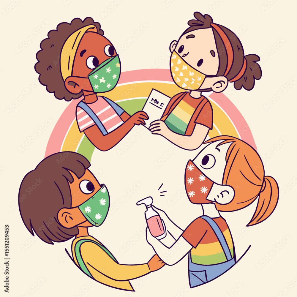 Naklejka premium Diverse group of children illustrating hygiene and health in a playful style